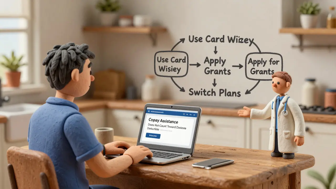 Patient reviewing insurance info at home with a clay flowchart showing options to avoid financial trap.