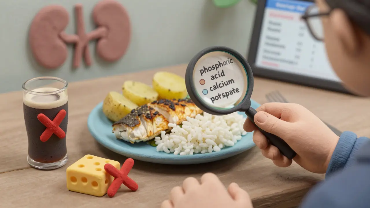 Person reading a food label with magnifying glass, avoiding phosphorus additives while choosing kidney-safe foods.