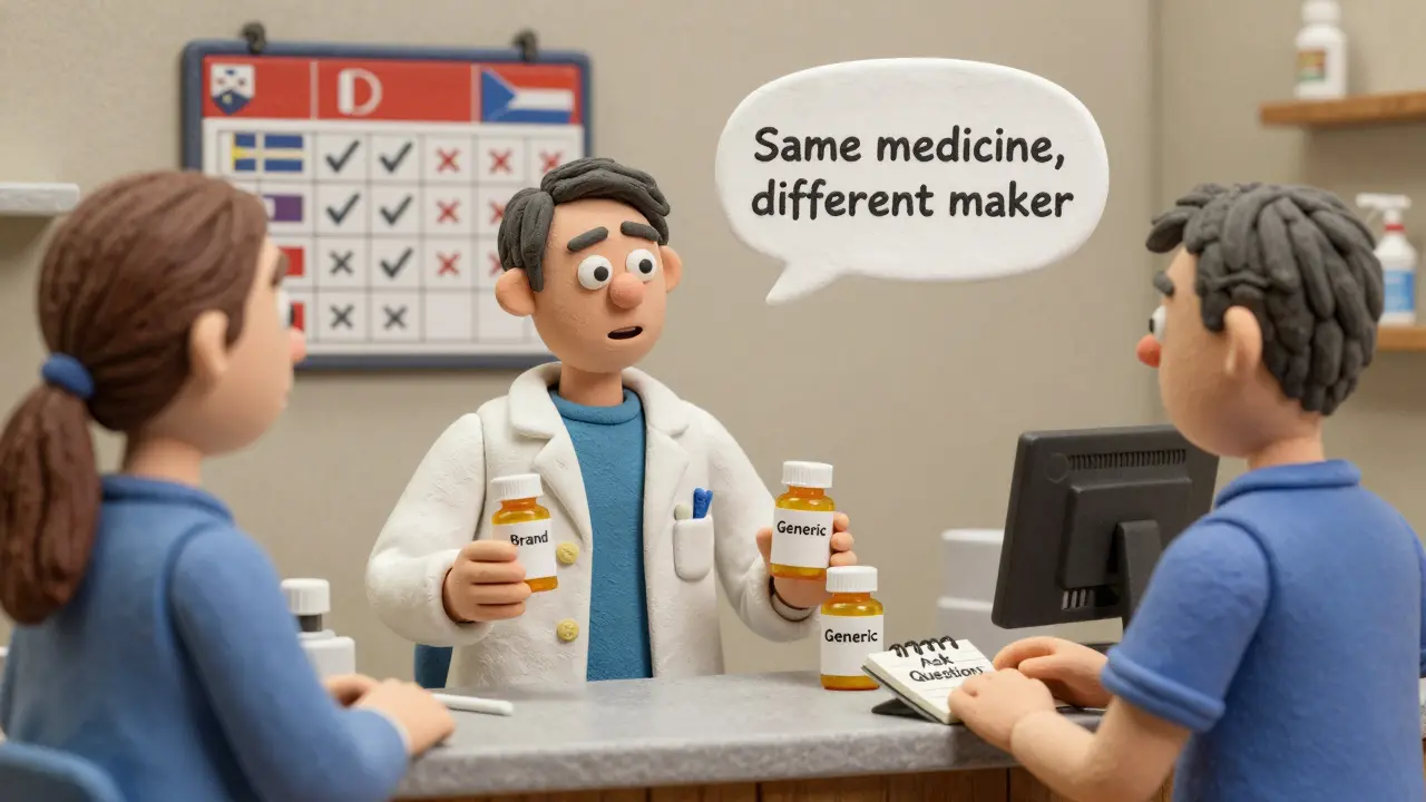 Pharmacist explaining generic medication to a patient with two pill bottles and state consent laws in background.