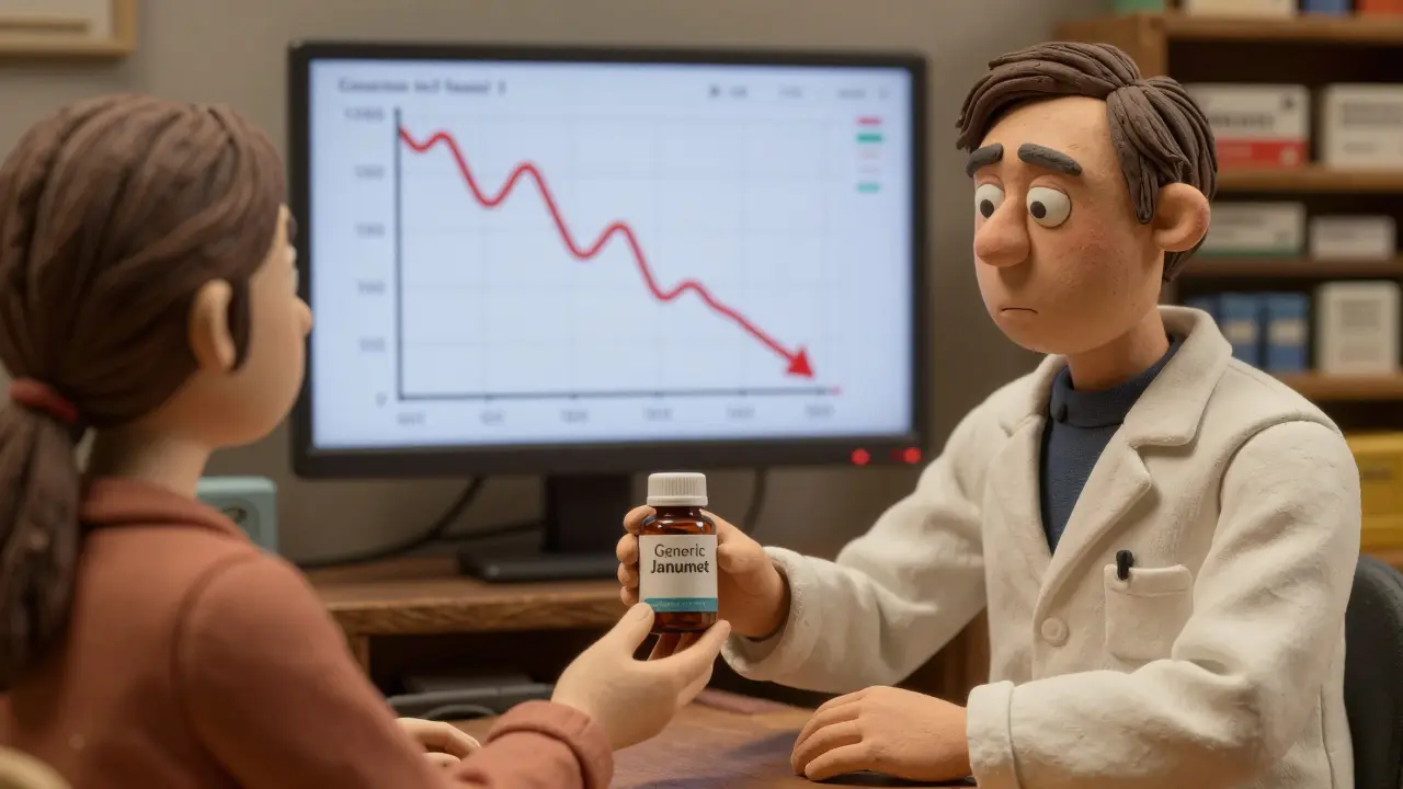 Pharmacist giving a generic diabetes medication to a patient with a blood sugar graph in the background.