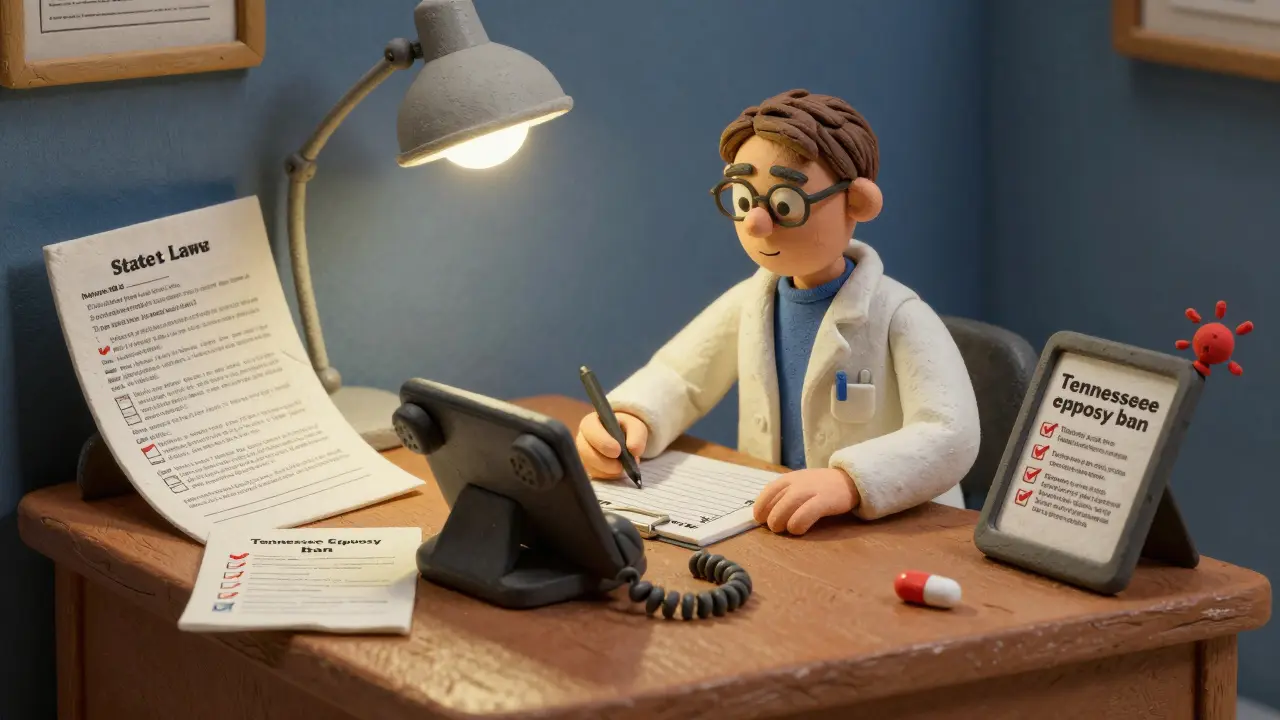 Pharmacist reviewing compliance checklist with state laws and a Tennessee epilepsy alert on tablet.