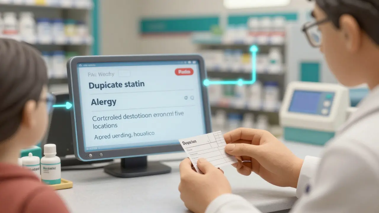 Pharmacist scanning a prescription with real-time system alerts overlay showing duplicates, allergies, and controlled substance tracking.