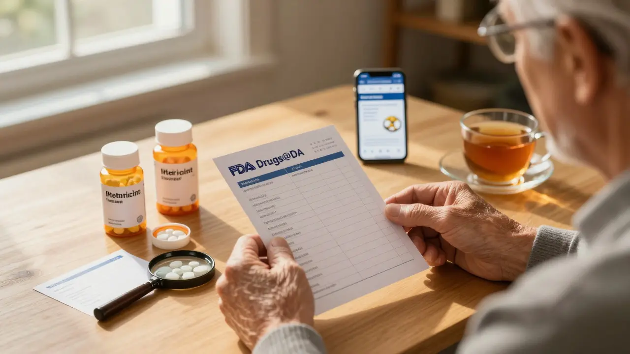 Senior using a checklist and magnifying card to verify medication labels at home.