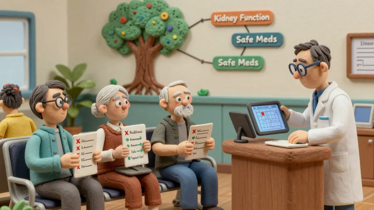 Seniors in a clinic hold medication lists with red X's and green alternatives, while a pharmacist reviews kidney function data.