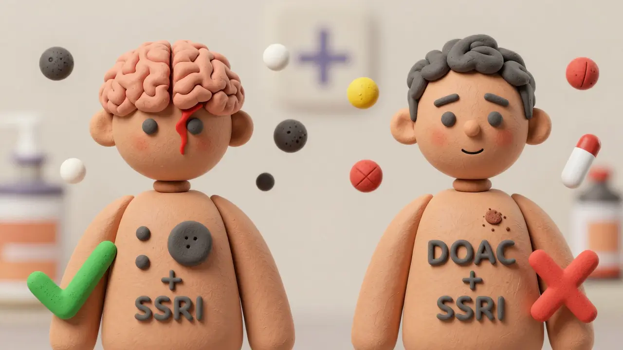 Side-by-side clay comparison of bleeding risks between warfarin and DOAC patients on SSRIs.