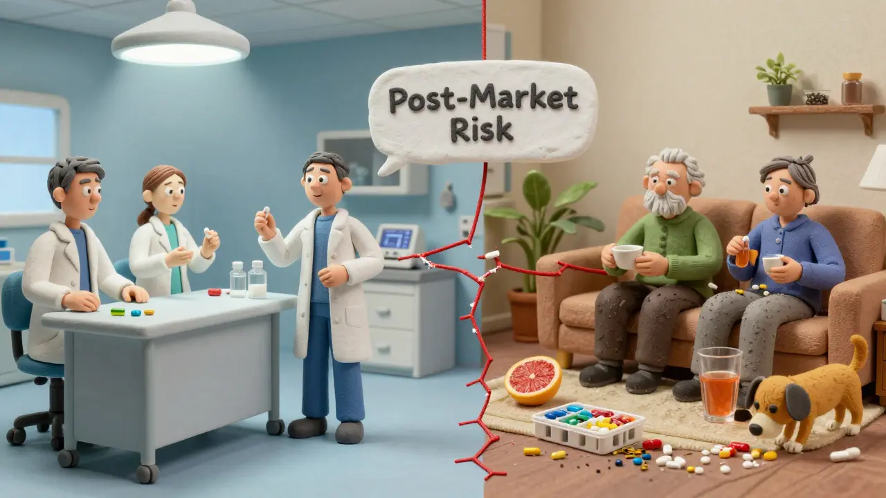 Split scene: sterile clinical trial vs. chaotic home with multiple medications and grapefruit, connected by a snapping risk thread.