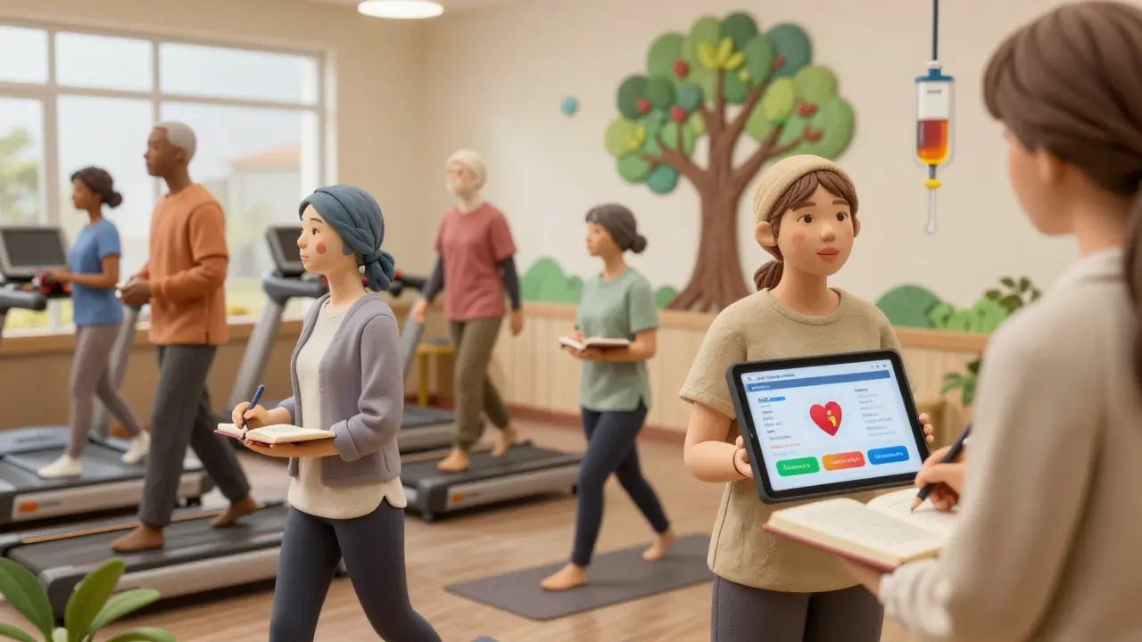 Survivors practice yoga and journaling in a community space, symbolizing healing and renewal.