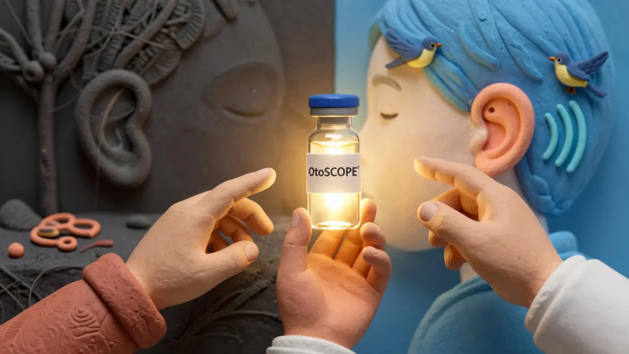 Three hands reaching for a genetic test vial, with split background showing hearing loss on one side and restored hearing on the other.