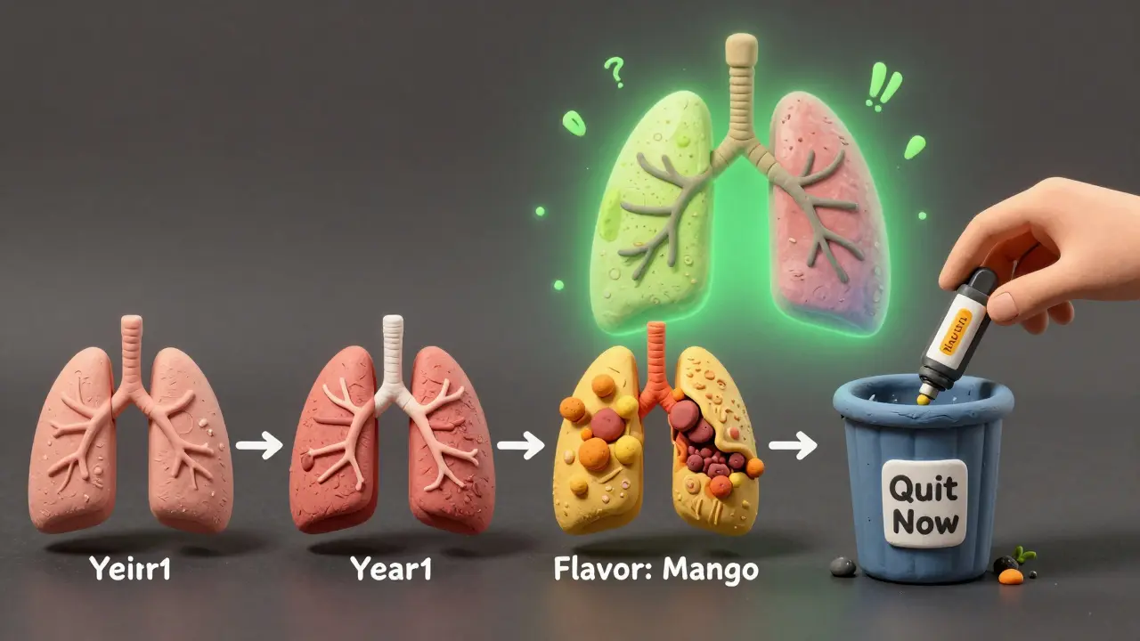 Timeline of lung recovery after quitting vaping, with a vape pod being discarded and lungs healing.
