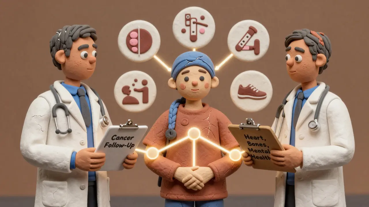 Two doctors collaborate with a survivor, connected by glowing links representing coordinated care.