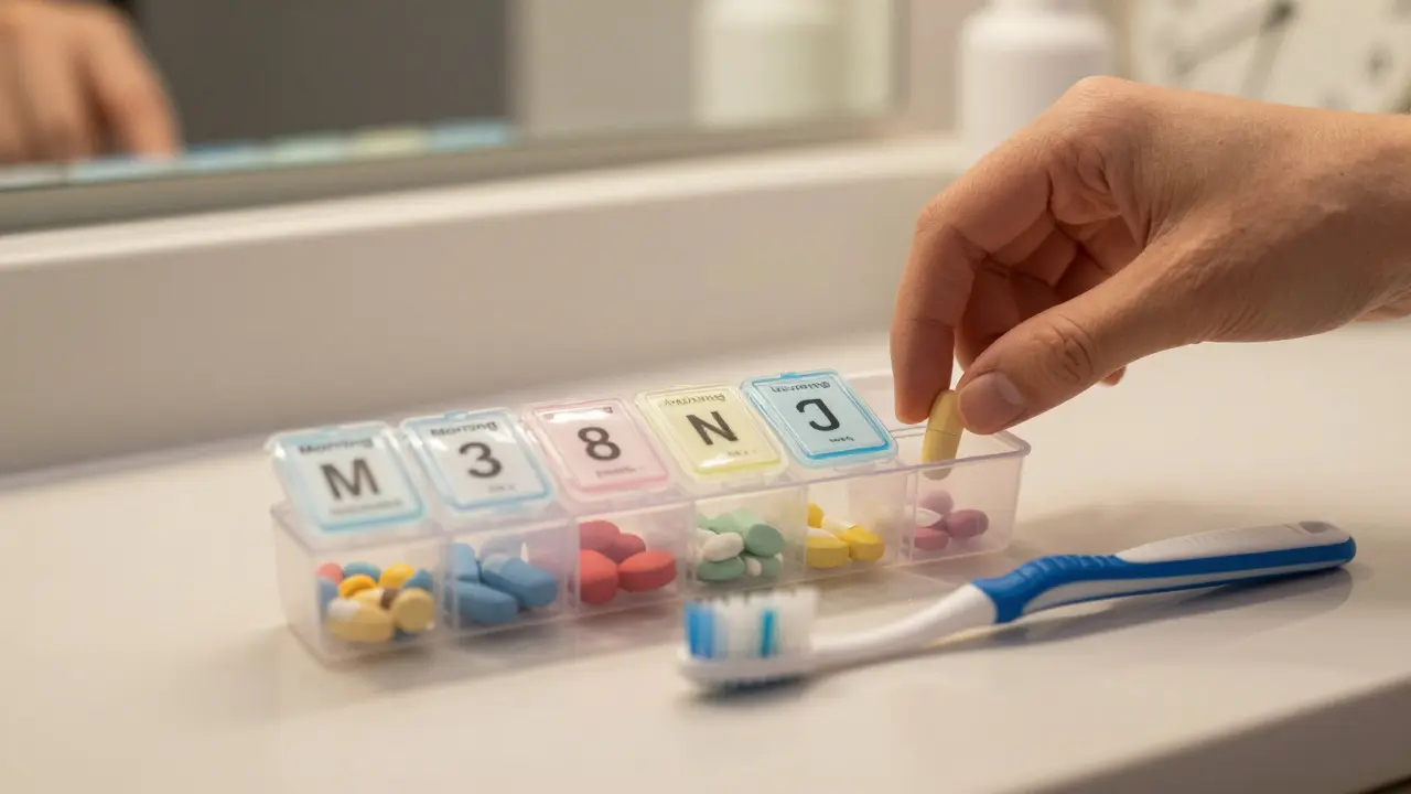 Weekly pill organizer next to toothbrush, hand placing a pill in the correct slot.