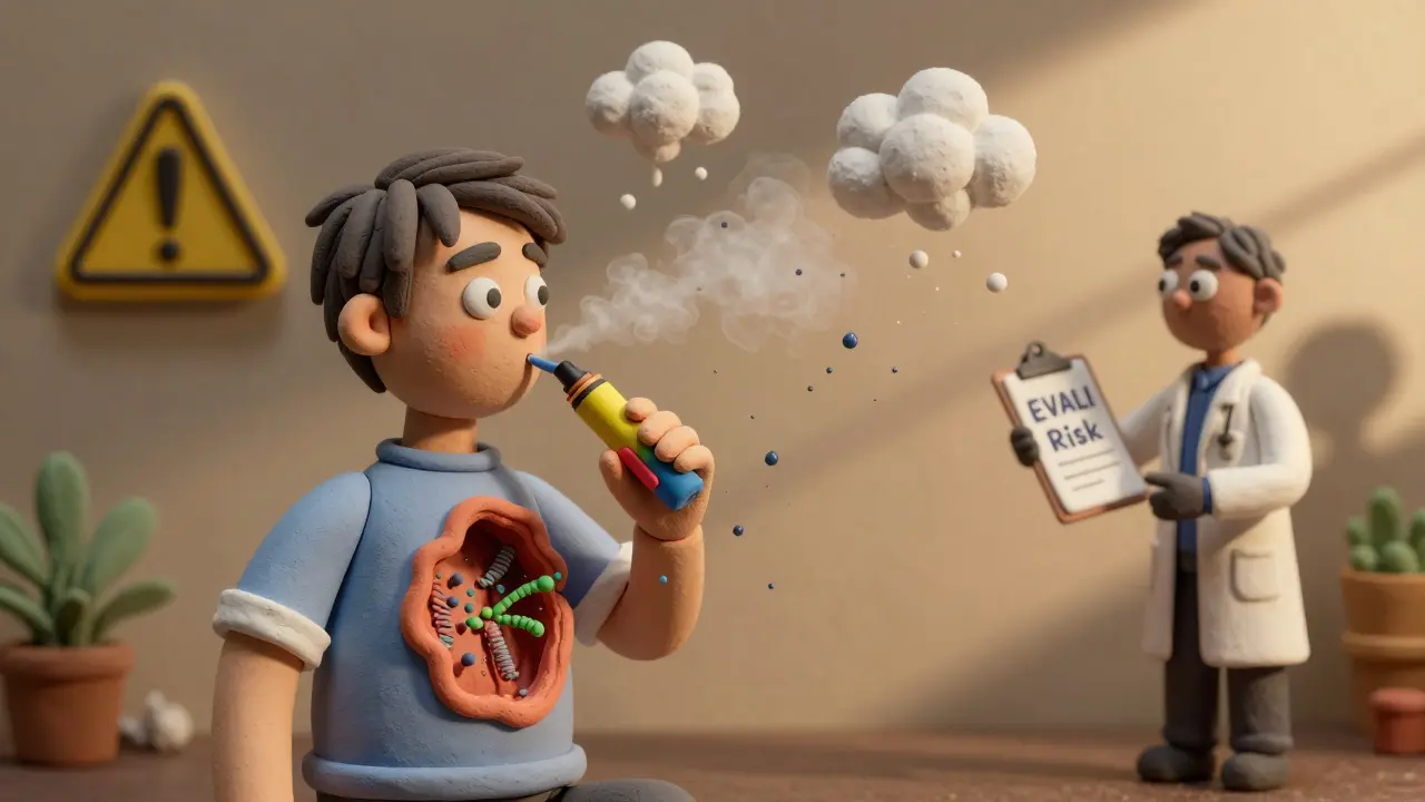 Young person vaping as their internal lungs show collapsing cilia under toxic aerosol clouds.