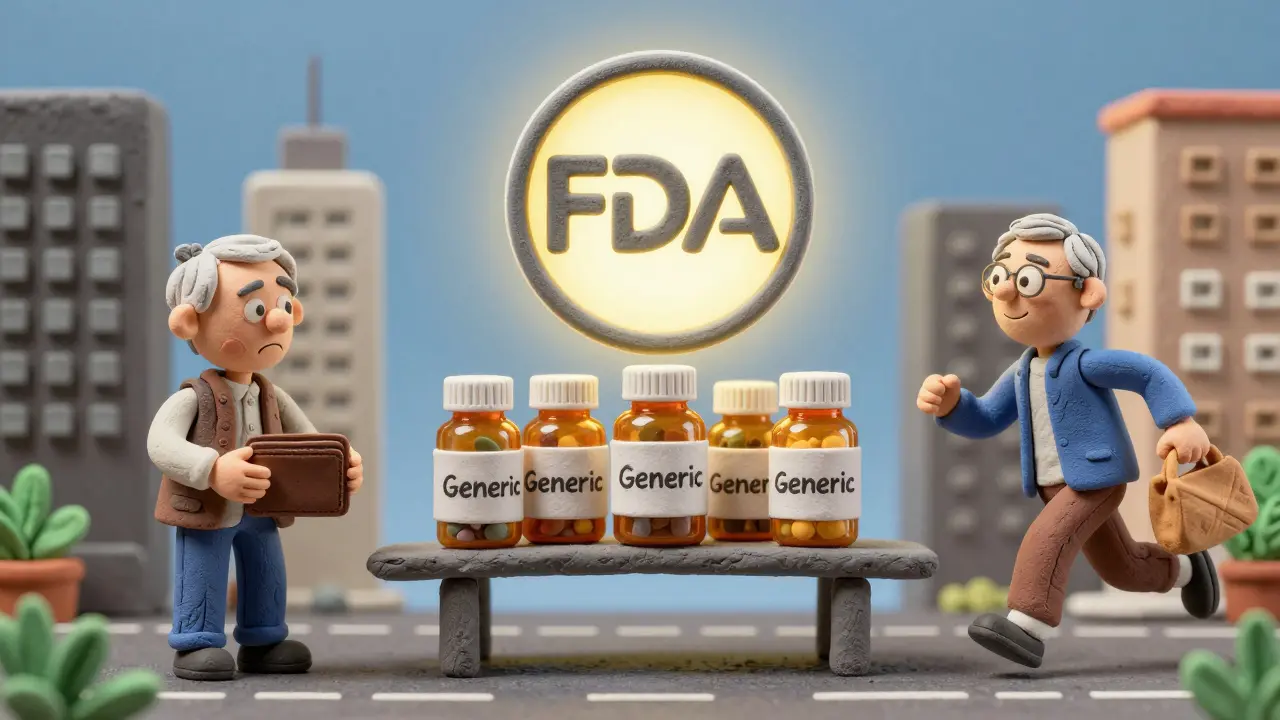 A bridge made of generic pill bottles connecting a worried person to a happier, healthier version.