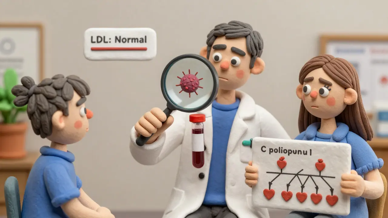 A doctor examines a blood sample revealing Lp(a) while a patient views a family history of early heart disease.
