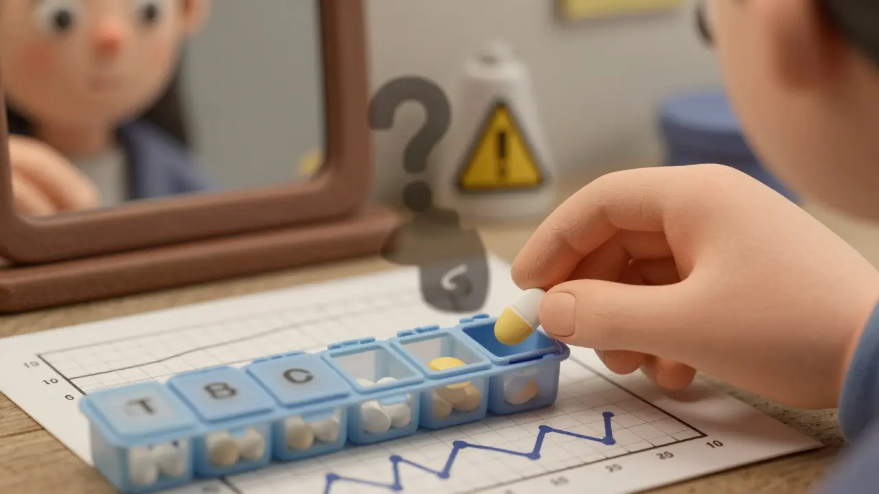 A hand placing a thyroid pill into an organizer with a steady TSH level chart in the background.