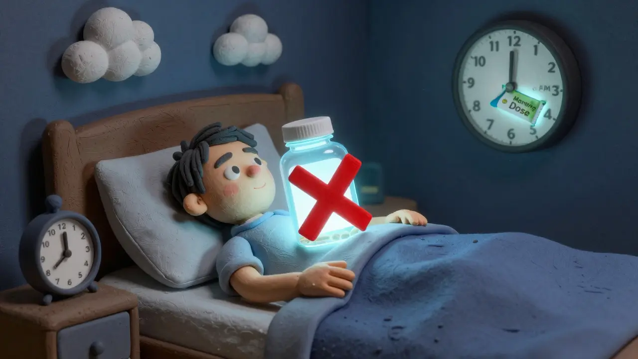 A person in bed with a red X over nighttime fiber, while a morning fiber dose glows softly.