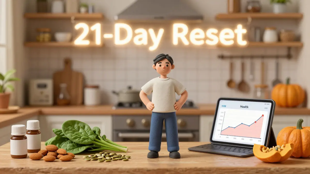 A person stands in a sunlit kitchen surrounded by sleep-supporting foods, with fading medication bottles nearby.