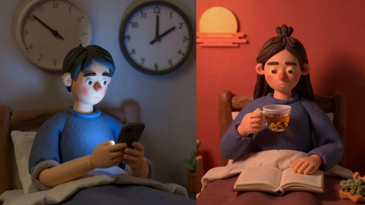 A person switches from blue light exposure at night to warm, calm lighting, symbolizing improved sleep hygiene.