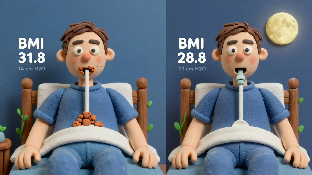 Before and after clay illustration: airway opens and CPAP pressure drops after weight loss.
