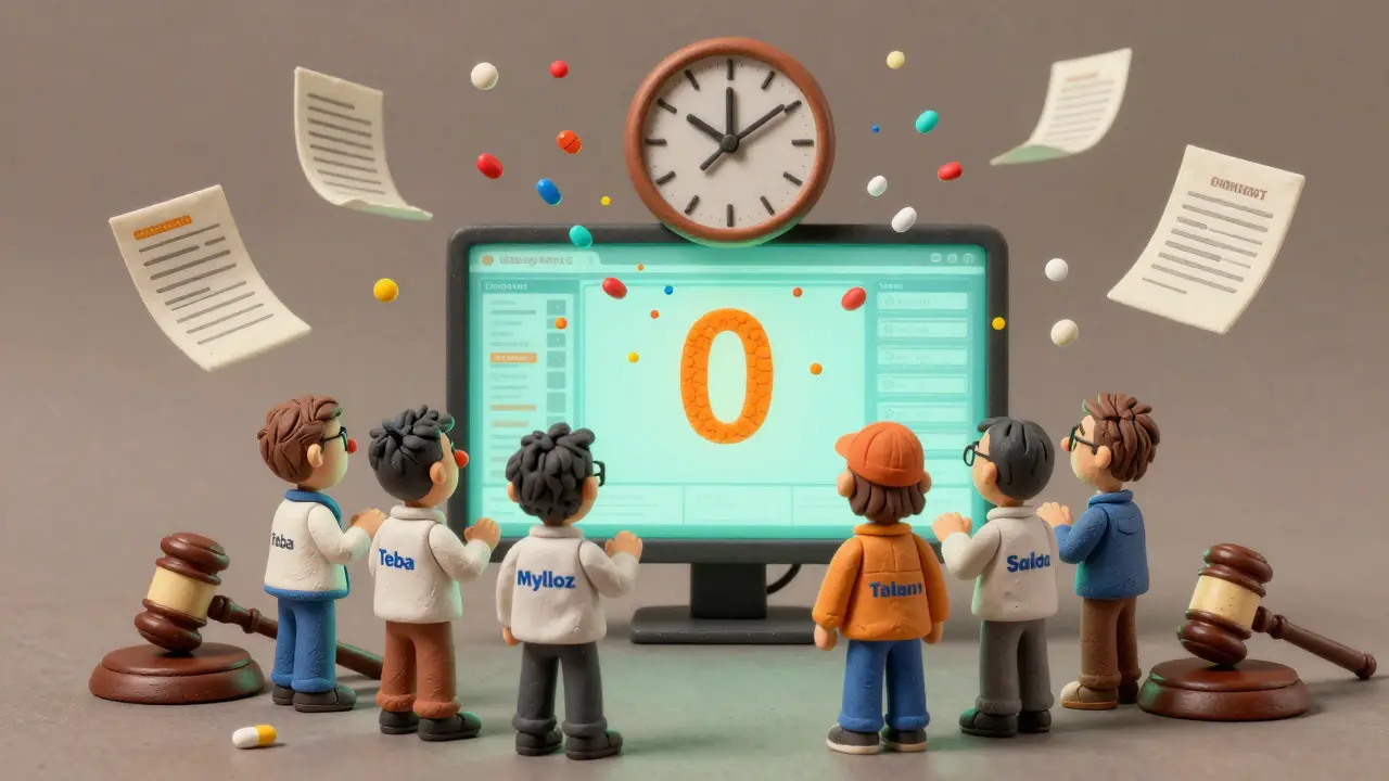 Clay figurines of generic drug companies watching a patent expiration clock, with pills bursting into the air.