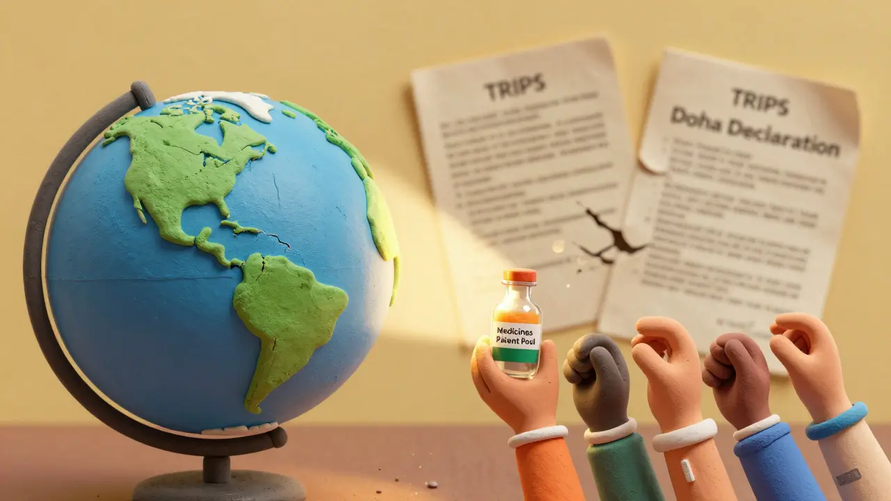 Diverse hands passing a medicine vial across a cracked globe as old patent laws crumble.