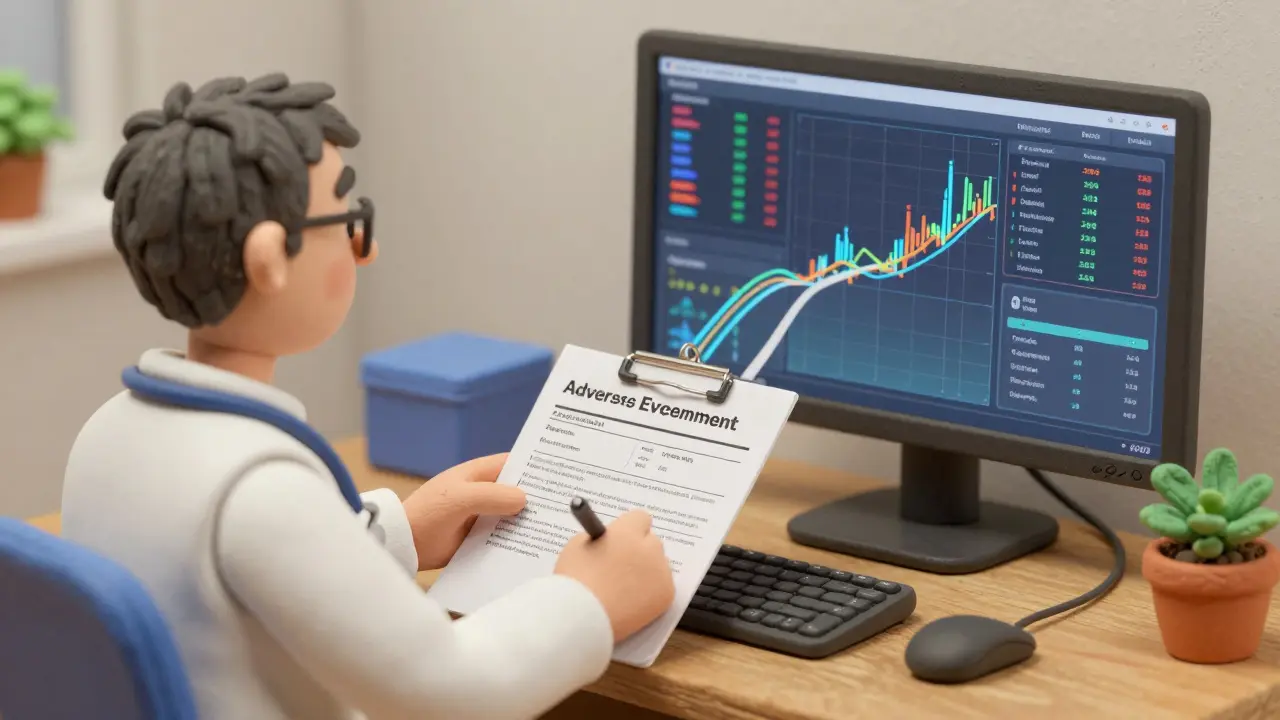 Healthcare worker reporting adverse event with data streams to monitoring system.