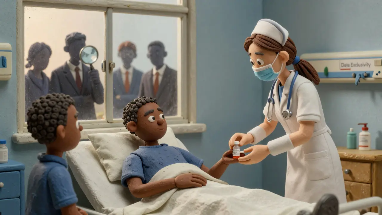 Hospital scene where patients receive generic medicine while corporate figures observe through a magnifying glass.
