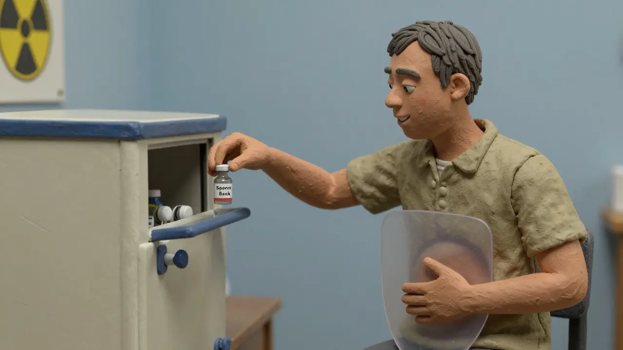 Man storing sperm sample while radiation shielding protects him during cancer treatment.