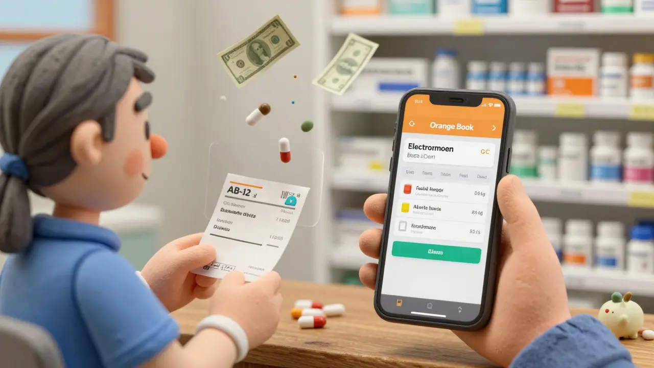 Patient checking the Orange Book app on a phone, seeing cheaper generics appear, with savings icons falling around them.