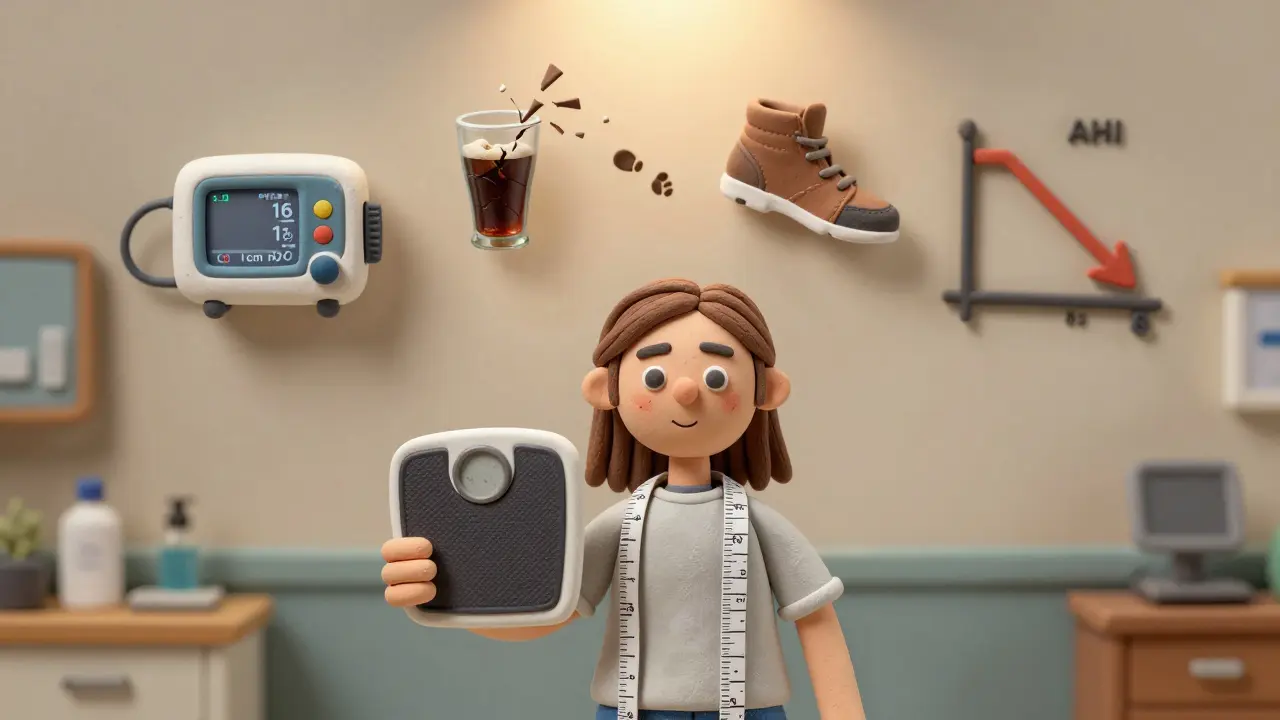 Patient measuring neck and losing weight with floating icons showing improved sleep metrics.