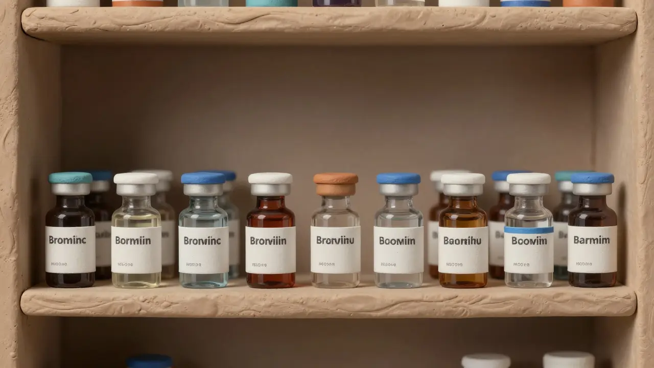 Pharmacist confused by identical biosimilar vials on pharmacy shelf.