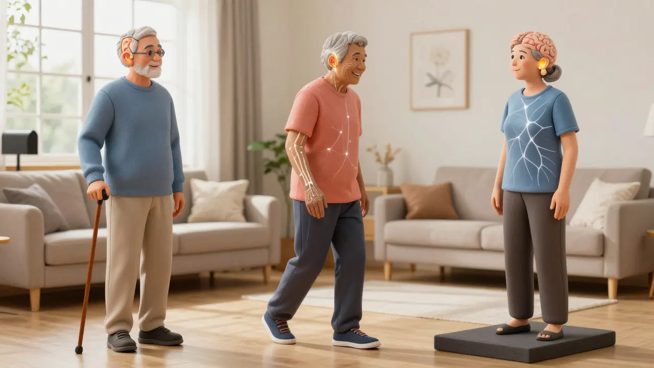 Three older people performing vestibular exercises at home, with glowing neural pathways connecting their senses.