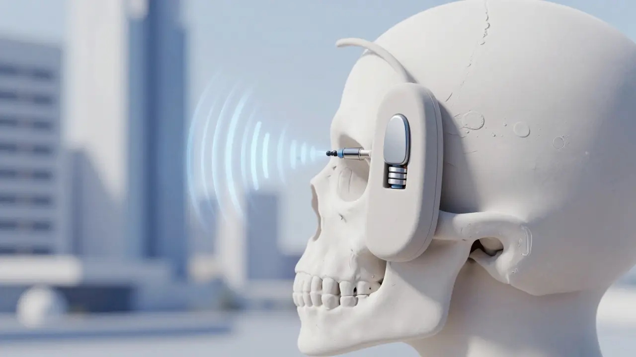 Transcutaneous bone-conduction device hidden under skin with sound waves