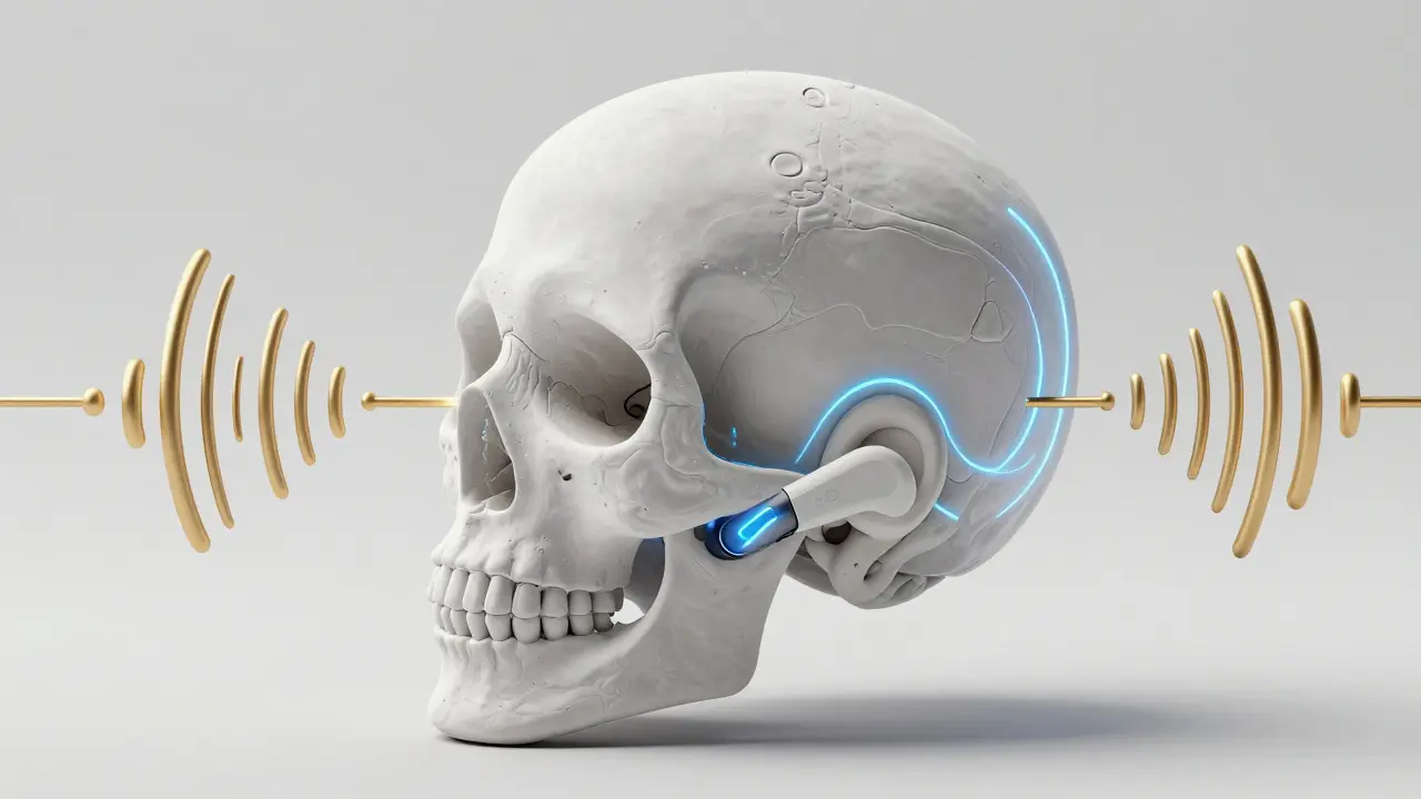 Transparent skull showing sound vibrations through bone to cochlea