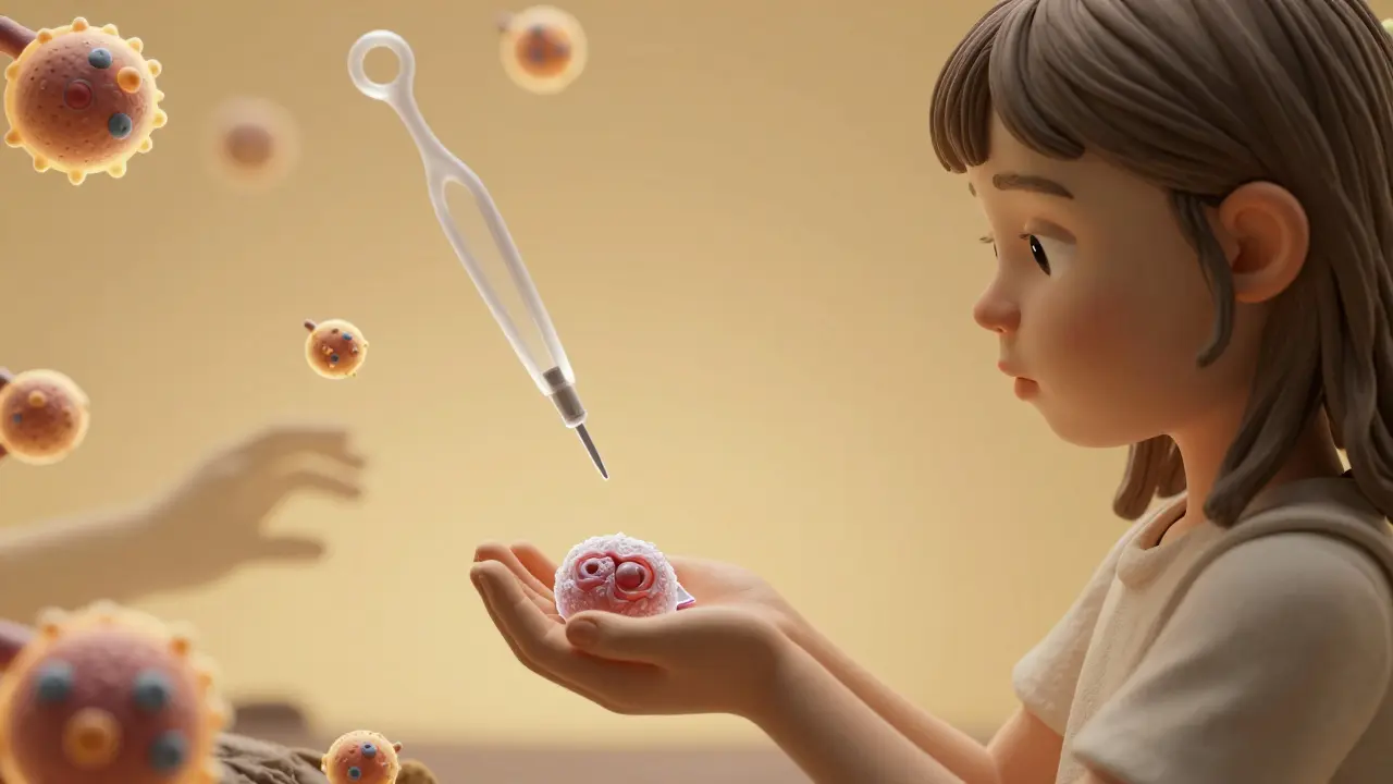 Young girl holding frozen ovarian tissue with glowing follicles floating around her.