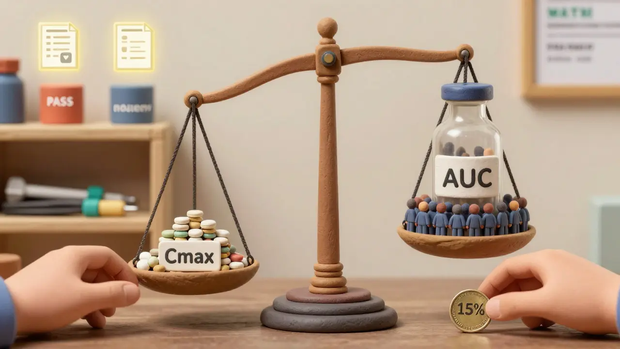 A balance scale showing unequal weighting of Cmax and AUC endpoints in BE study design.
