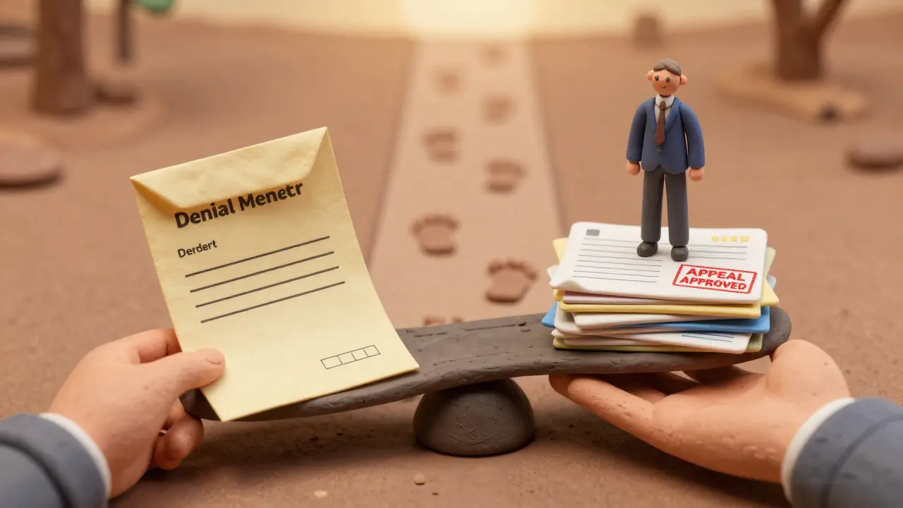 A balanced scale showing denial vs. approved appeal with a person standing triumphantly on the approved side.