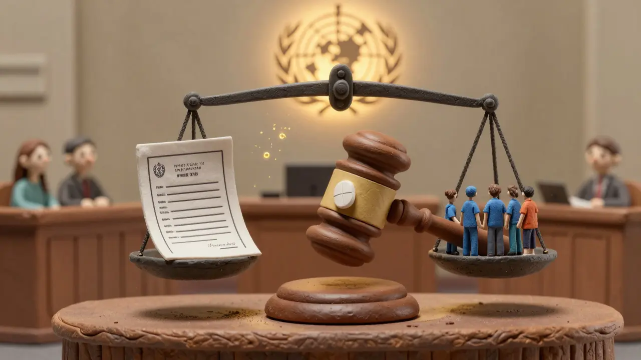 A courtroom scale balances a patent document against patients, with a pill-shaped gavel striking down, illuminated by golden light.