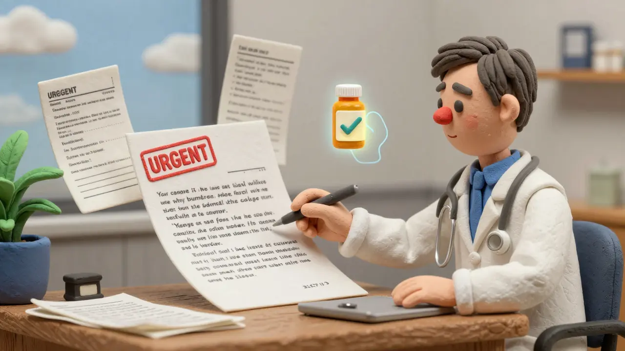 A doctor writing a support letter for a patient's medication appeal, with medical evidence floating around.