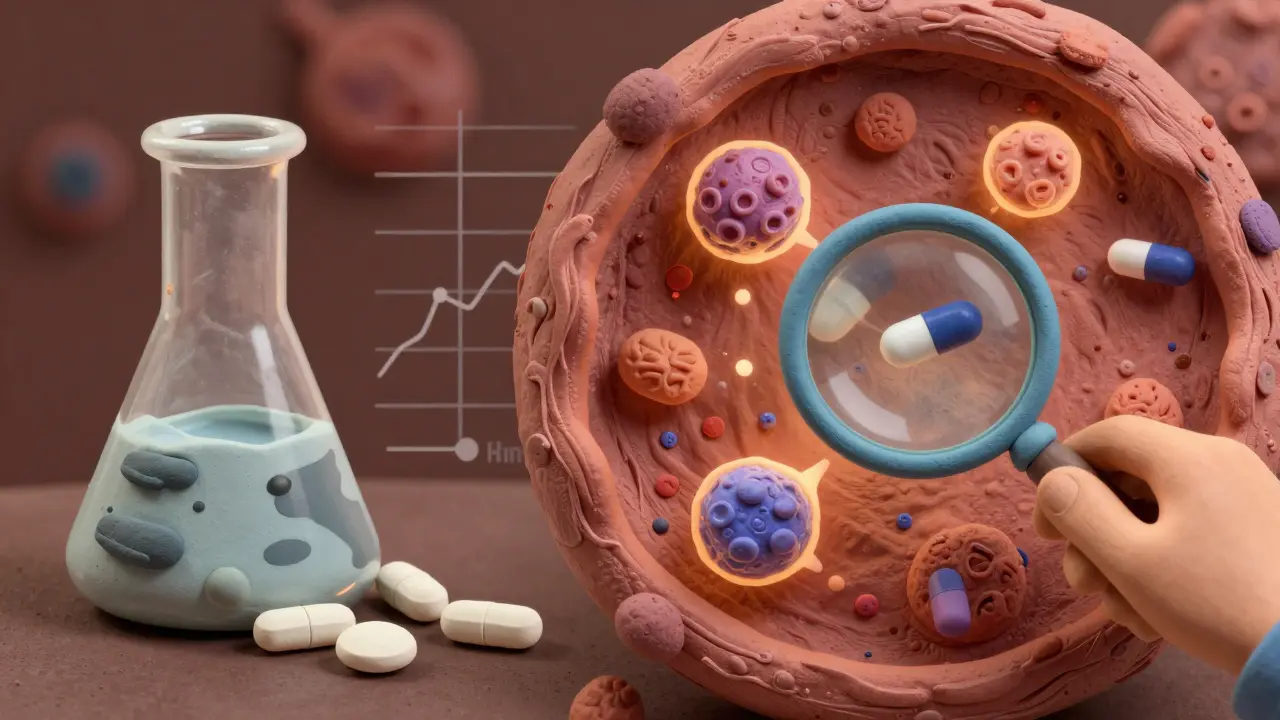 A generic pill dissolves unevenly while immune cells activate the drug, showing how blood levels don't reflect cellular effectiveness.