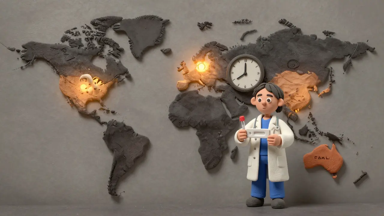 A global map highlights limited TDM lab access, with a patient waiting days for test results in a rural clinic.