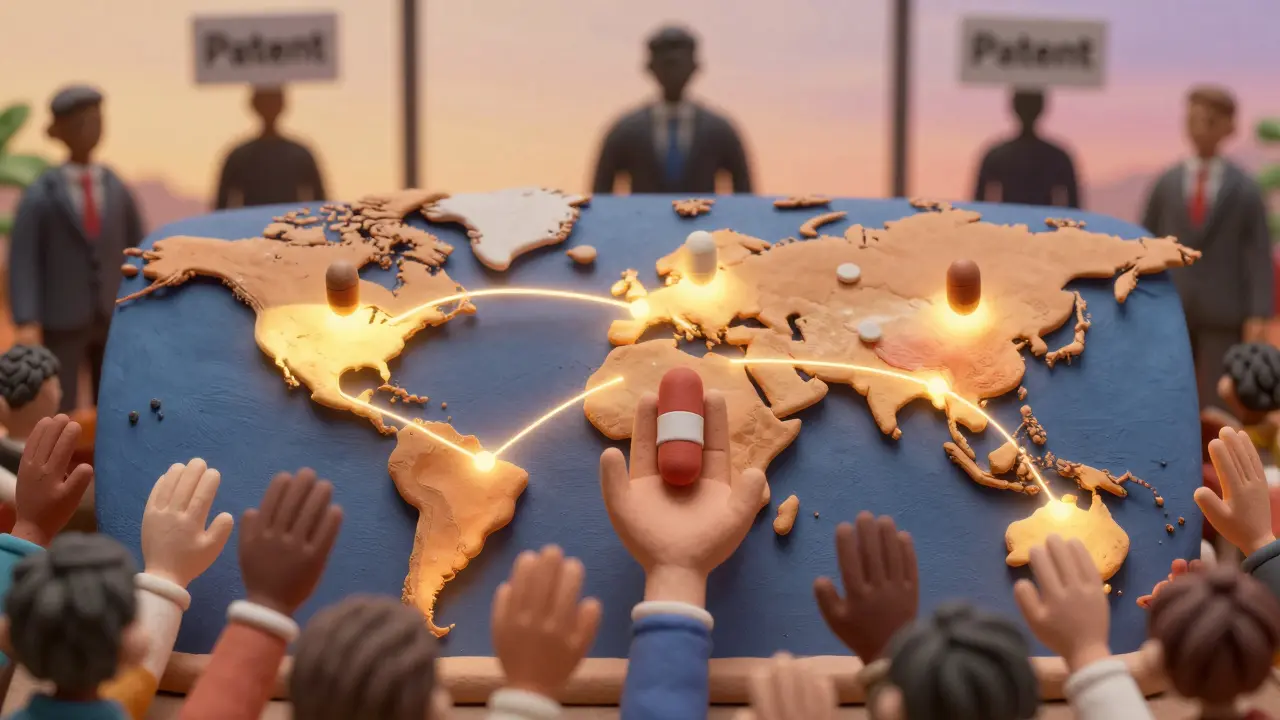 A global map shows life-saving pills reaching hands in India, Brazil, and Thailand, while corporate figures stand behind glass walls.