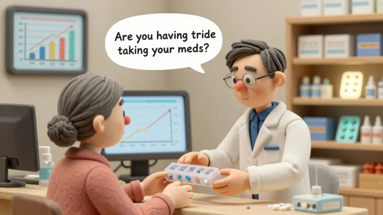 A pharmacist offers a pill organizer to an older patient in a cozy pharmacy setting.