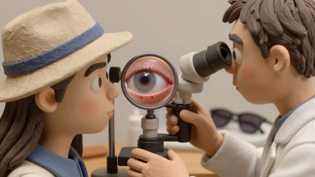 An eye doctor examining a pterygium with a slit-lamp, sunglasses on the table nearby.