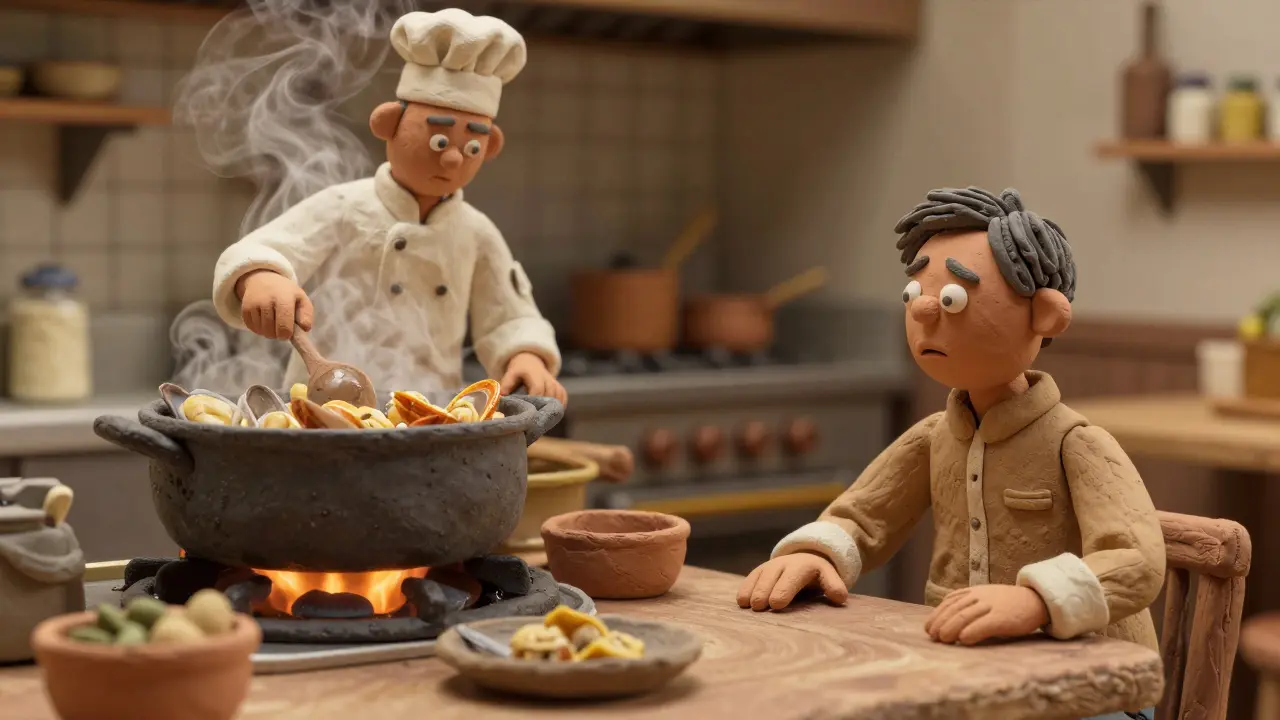 Anxious clay diner at a restaurant table with steam rising from a kitchen pot in background.