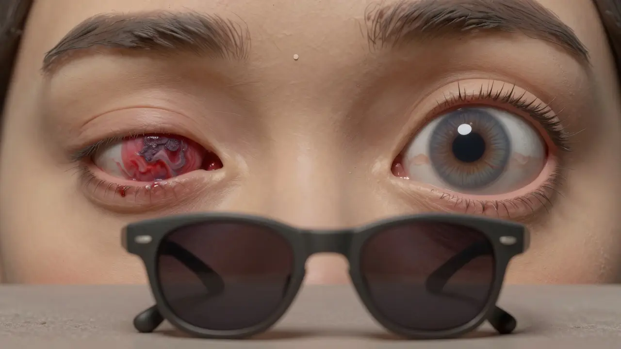 Before-and-after view of pterygium surgery, with healthy eye and protective sunglasses.