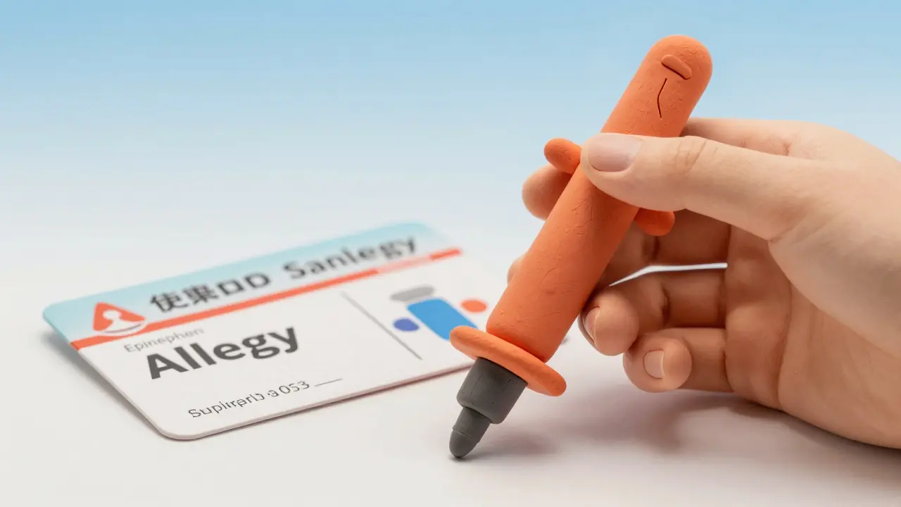 Clay hand holding an epinephrine pen next to a folded allergy safety card.
