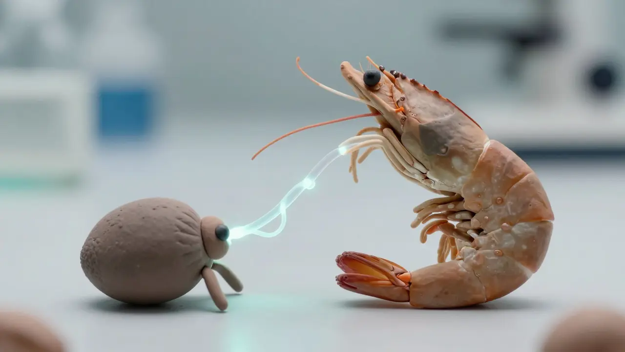 Clay models of shrimp and dust mite connected by protein threads.