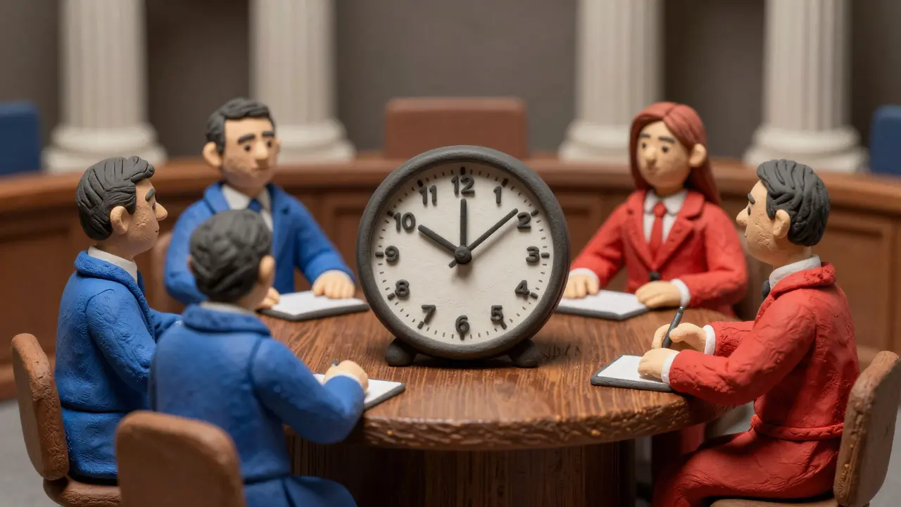 Clay review committee members sitting around a table with a clock.