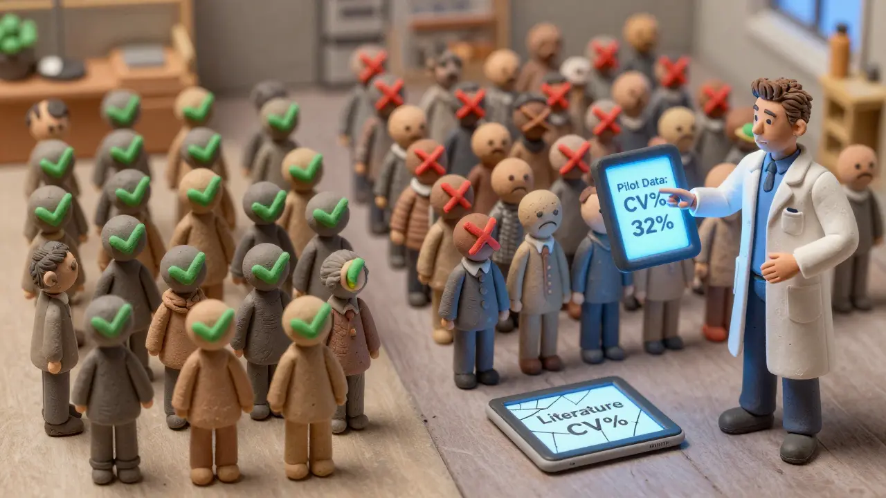 Contrasting success and failure in bioequivalence studies with pilot data vs. literature estimates.